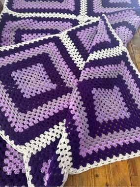 Hand Crafted Purple & White Granny Square Crochet Throw